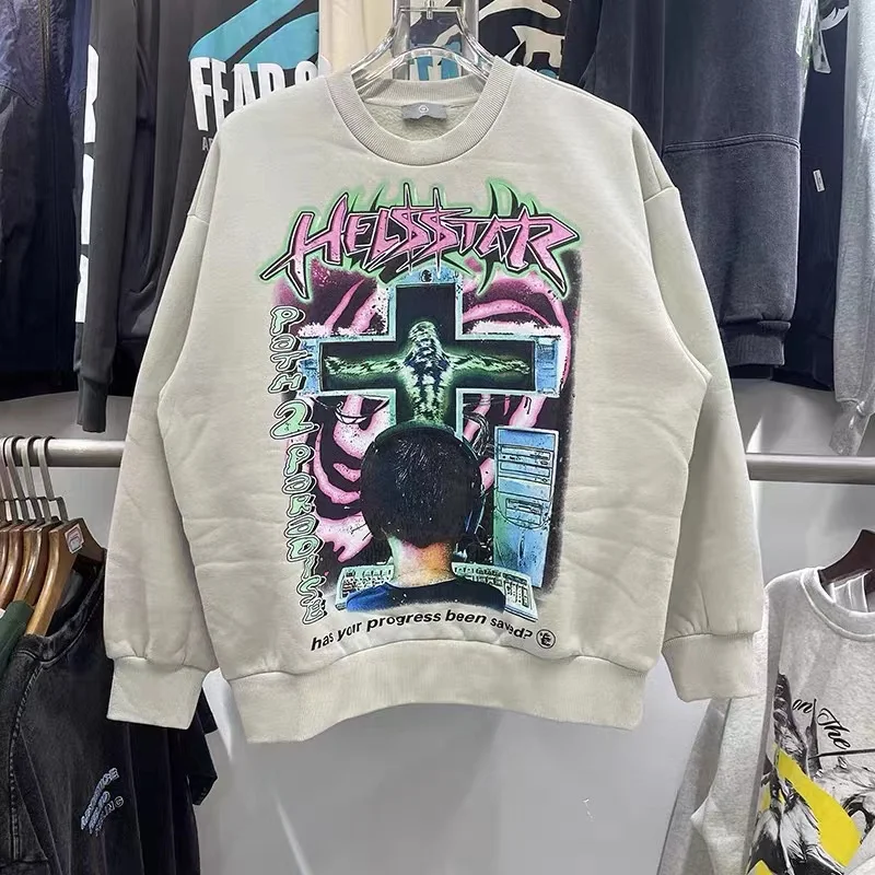 

Oversized Winter Vintage Hellstar Wool Liner Pullover Printed Long Sleeve High Quality Hoodie Men Women Thickened Sweatshirt