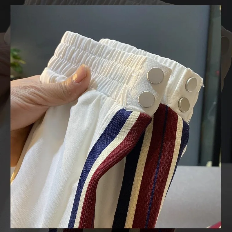 Embroidered Ice Silk Boyfriend 2024 Summer Thin Patchwork Elasticized High Waited Pocket Drawstring Fashion Sports Casual Pants