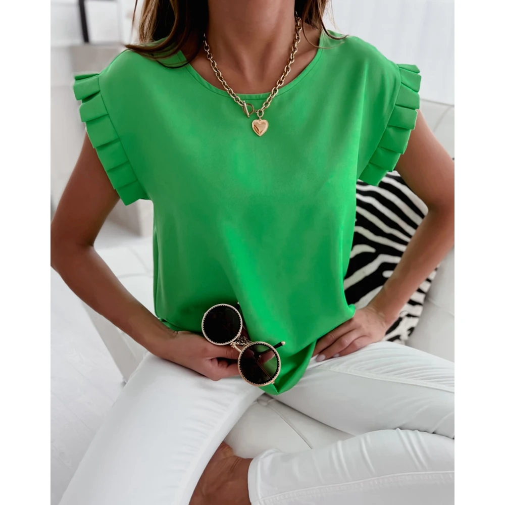 Women Round Neck Ruched Fold Decor Summer Top Casual Solid T-Shirts Short Sleeve Blouse Tees 2024 Sexy y2k Clothing Elegant t shirts tees love you t shirt tee army green in green size s