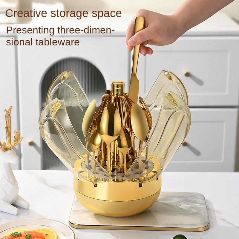 egg stainless steel western food knife, fork, spoon tableware 24-piece set rotatable golden egg set tableware storage rack