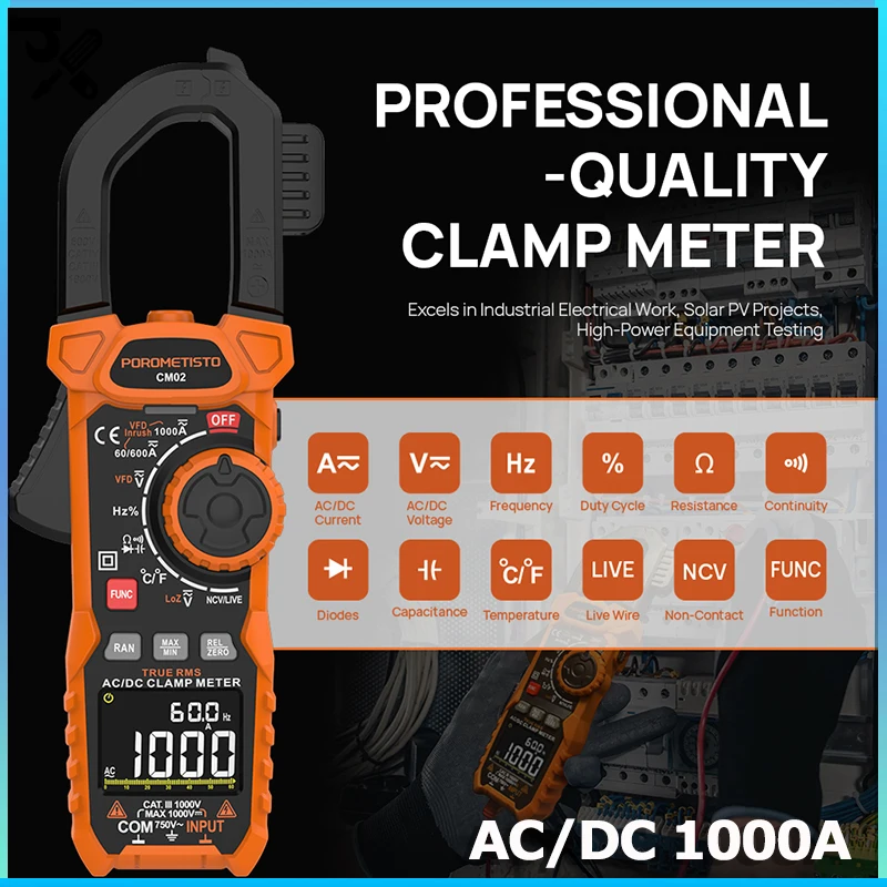 Цифровой измеритель-зажим Pro 1000A 1000V AC DC токовый зажим True RMS плоскогубцы Амперметр Вольтметр VFD рель Ом конденсатор тестер