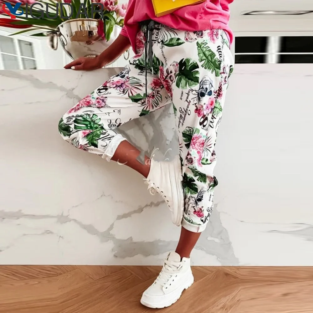 

Spring Summer Pants Women New Vintage Flower Print Elastic Waist Sweatpants Casual Loose Pants Female Trousers Streetwear 2023