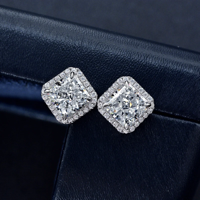 OEVAS 100% 925 Sterling Silver 7*7mm Aquamarine Yellow Pink High Carbon Diamond Stud Earrings For Women Sparkling Fine Jewelry