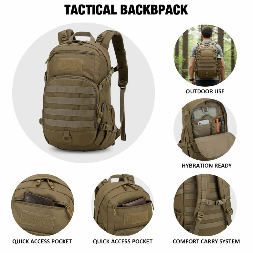 Zaino da Escursionismo Outdoor Gear 25L, Resistente e Impermeabile, Sistema Molle, Borsa Leggera per Ciclismo - immagine 3