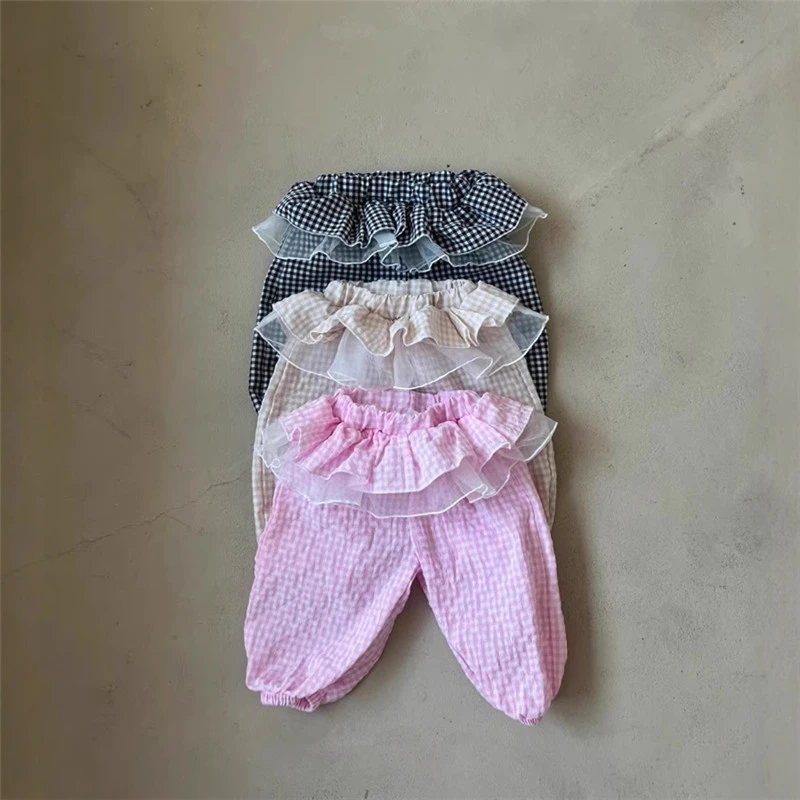 Spring Baby Girl Plaid Pants Loose Infant Casual Pants Kids Girls Lace Mesh Skirt Cotton Children Harem