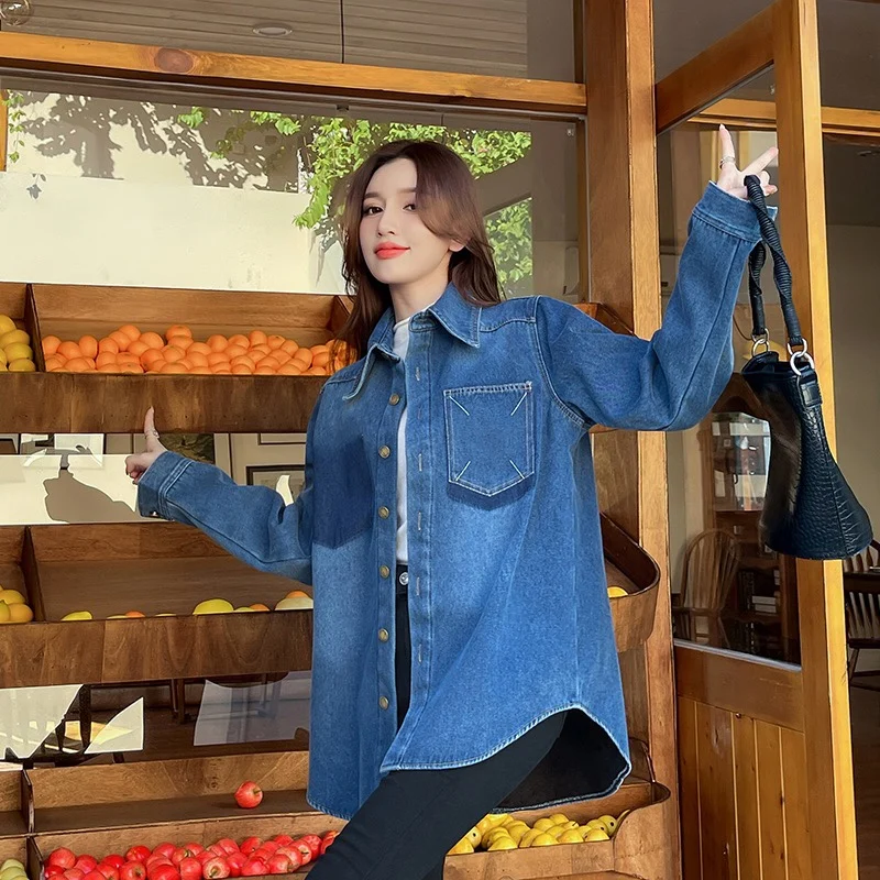 컬러 블로킹 스플라이싱 빈티지 긴 소매 셔츠 데님 Cl 자켓 여성용 루즈핏 디자..