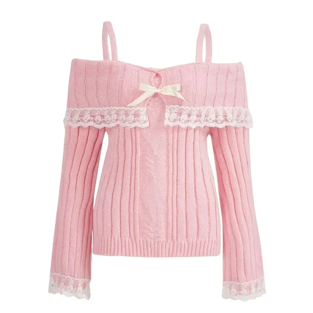 Women Off Shoulder Knit Sweater Pink Pullover Sweet Pullovers Long Sleeve Bow Lace Patchwork Jumpers Y2k Streetwear