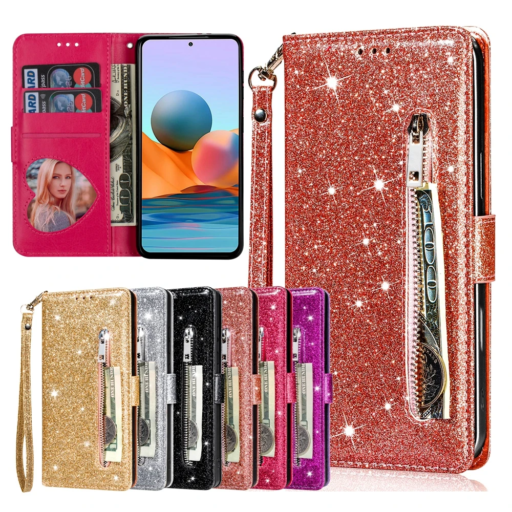 Glitter Wrist Strap Leather Flip Kickstand Wallet Phone Case with Card Holder