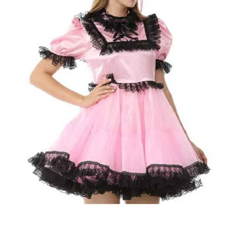 

Princess Pink Girl Satin Black Lace Dress Adult Cross-dressing Sissy Role Playing Prom Dress Maid Can Be Customized