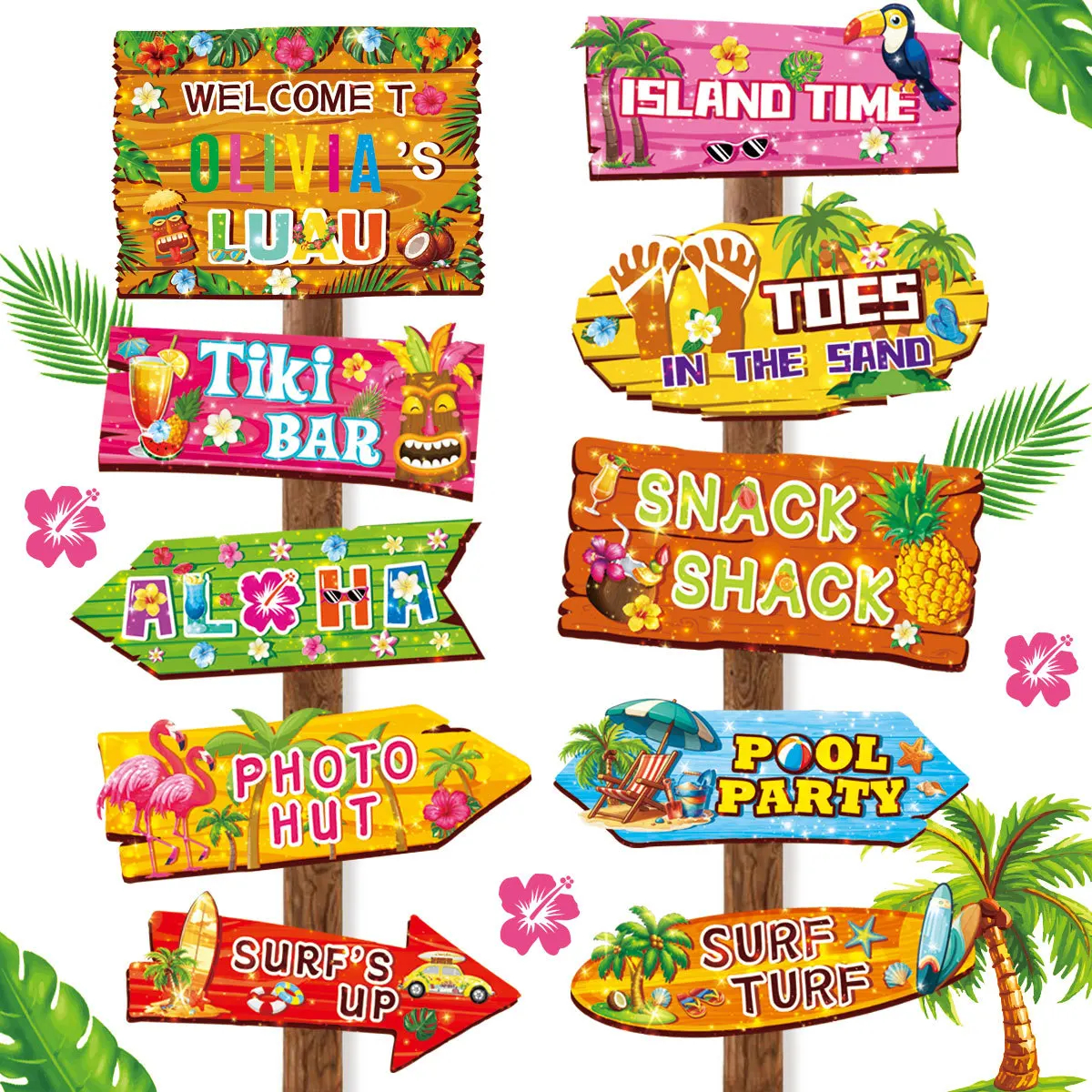 10 Stück Hawaii Aloha Flamingo Thema Willkommensschild Tropischer Sommer Outdoor Camping Fotografie Requisiten Dekoration Party DIY Zubehör