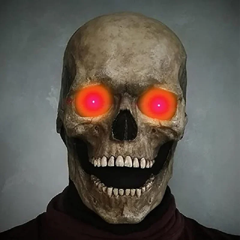 

Glowing Green Eyes Active Full Head Skull Mask with Movable Jaw for Halloween Props and Horror Costumes - Spooky Scary Mask