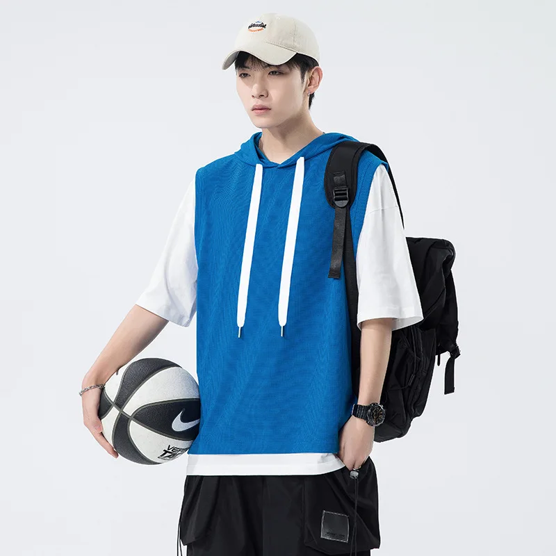 

LUCLESAM Men's Hooded Fake Two-piece T-shirt Waffle Short Sleeved Hoodies Summer New Casual Loose Sports t-shirt for Man