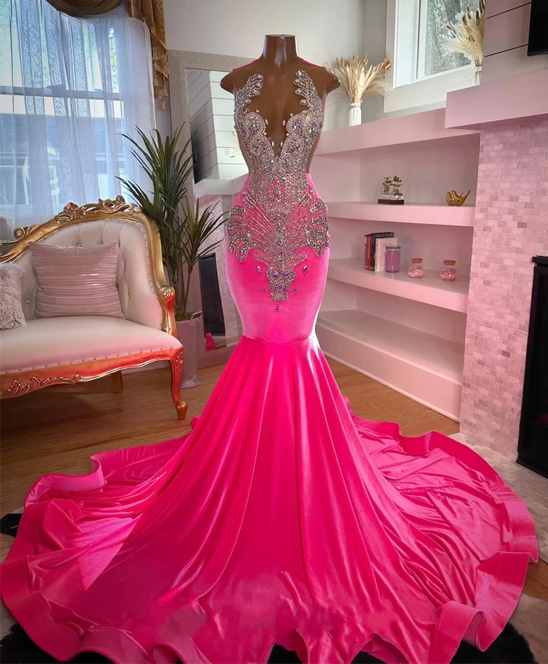

Hot Pink Velvet Beading Evening Prom Dresses For African 2024 Black Girls Luxury Designer Crystal Mermaid Special Occasion Dress