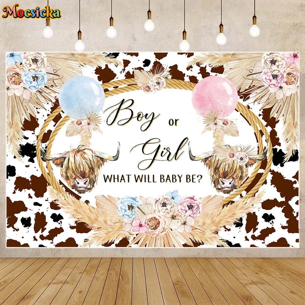 

Mocsicka Highland Cow Gender Reveal Backdrop Boho Balloon Pampas Grass Boy or Girl Party Decor Photo Background Photoshoot Props