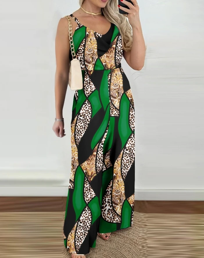 Women's Jumpsuit Casual Vacation Baroque Leopard Random Print  V-Neck Spaghetti Strap Shirring High Waist Wide Leg Jumpsuit