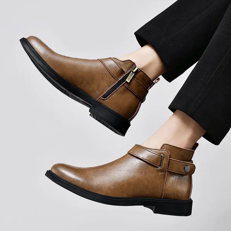 

Fashion Shoes for Male 2023 Brand Belt Buckle Men's Boots New Side Zipp Hot Sale Round Toe Men Dress Shoe Ankle Boots Zapatos