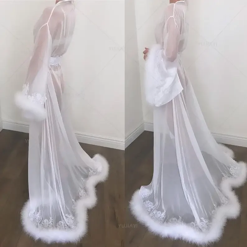 

Белое кружевное свадебное платье, женская одежда для сна, женское белье для медового месяца, шифоновый халат с перьями, халат с длинным рукавом, ночнушка, платье, будуар