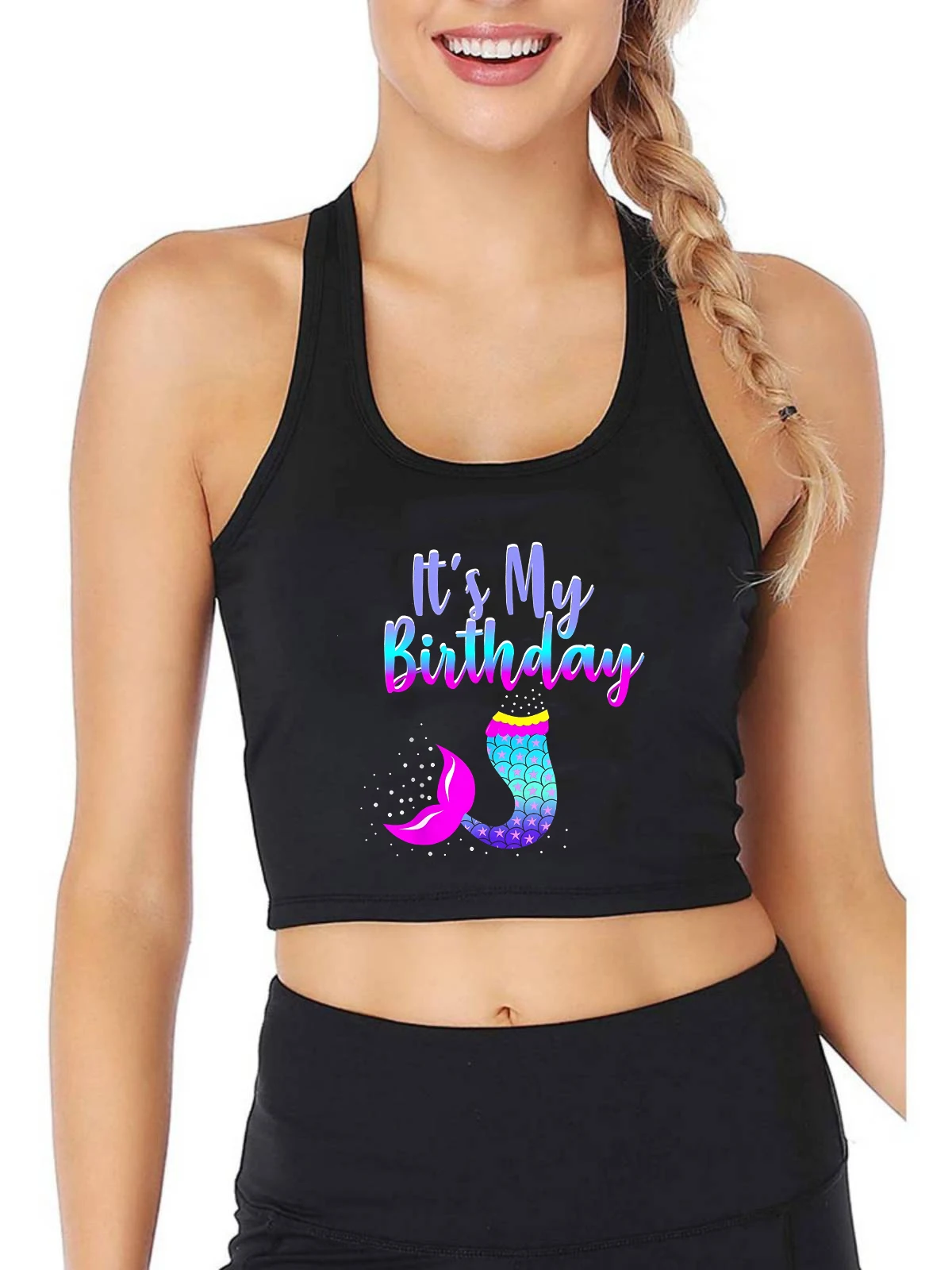 

It's My Birthday Print Beautiful Mermaid Graphical Design Crop Top Women's Sexy Slim Fit Tank Tops Birthday Present Camisole