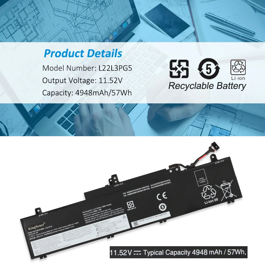 Kingsener-bateria do Portátil para Lenovo Thinkpad L22l3pg5 E14 g5 E16 Gen L22b3pg5 L22c3pg5 L22d3pg5 L22m3pg5 11.52v 4948mah 57wh 57wh - Imagem 3