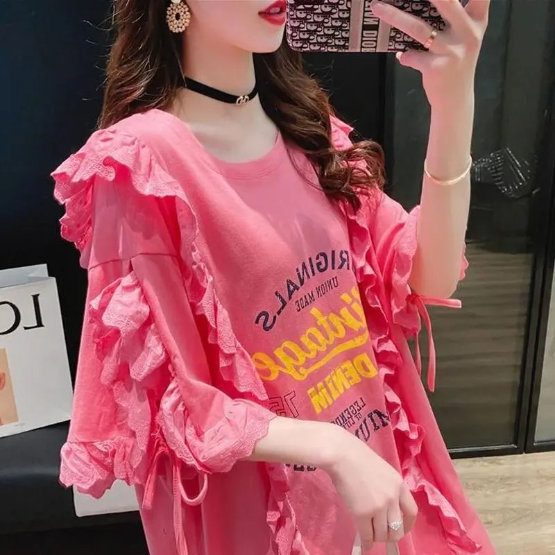 

Commute Korean Letter Printed T-shirt Female Clothing Fashion Lace Patchwork Short Sleeve Summer Casual Loose O-Neck Pullovers