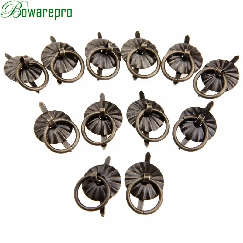 Mini Vintage Bronze Handle Jewelry Wine Gift Box Handle Pull Wooden Case Knob Round Ring Drawer Kitchen Cabinet Fittings 12pcs