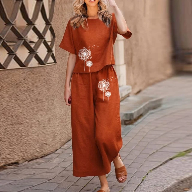 Women's Two Piece Set Baggy Loose Print Boho Blouse Trouser Suits Imitation  Cotton Linen Set Summer Elegant Short Sleeve Tunic - AliExpress