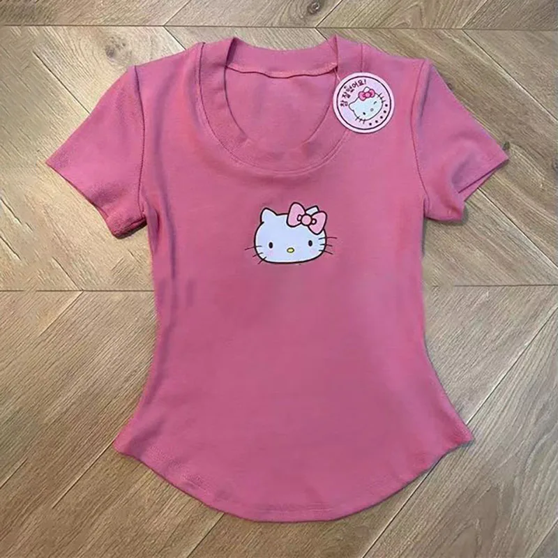 

Kawaii Sanrio Anime Short Sleeve Cute Hello Kitty Cartoon Fresh and Sweet Printing Cotton Makes You Look Slimmer Gifts for Girls