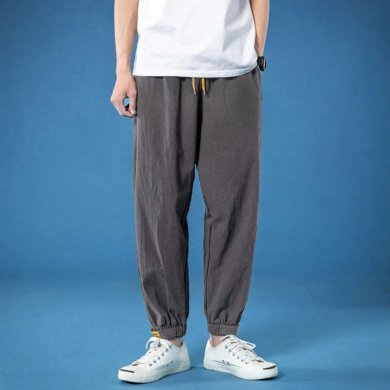 Spring Autumn New Fashion Korean Style High Waist Pockets Men's Clothing Cotton All Match Hemp Tie Feet Casual Loose Solid Pants