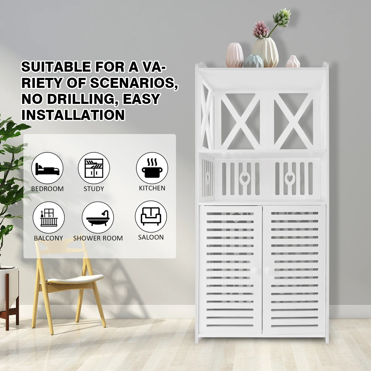 Bathroom Floor Cabinet,Waterproof FreeStanding Bathroom Storage Unit with Daily Use Layer and Cupboard Double Door,3 Tier PVC — view 6