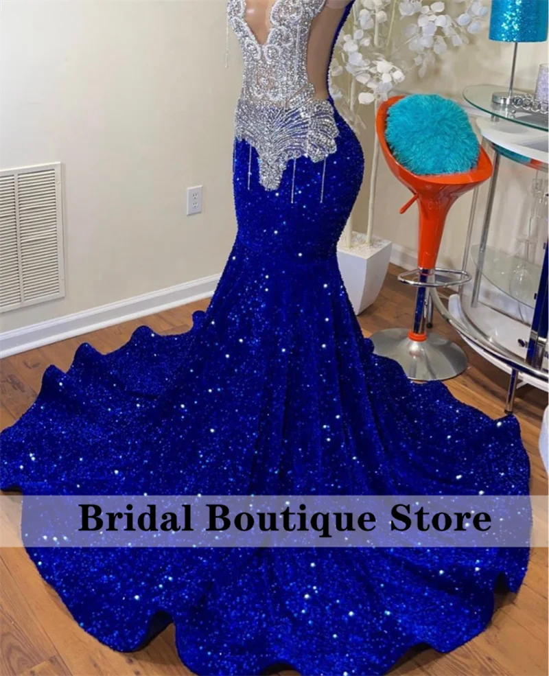 Sparkly Royal Blue Diamonds Mermaid Prom Dress Glitter Sequins Bead Crystal Rhinestones Birthday Party Dress Customized women prom dresses