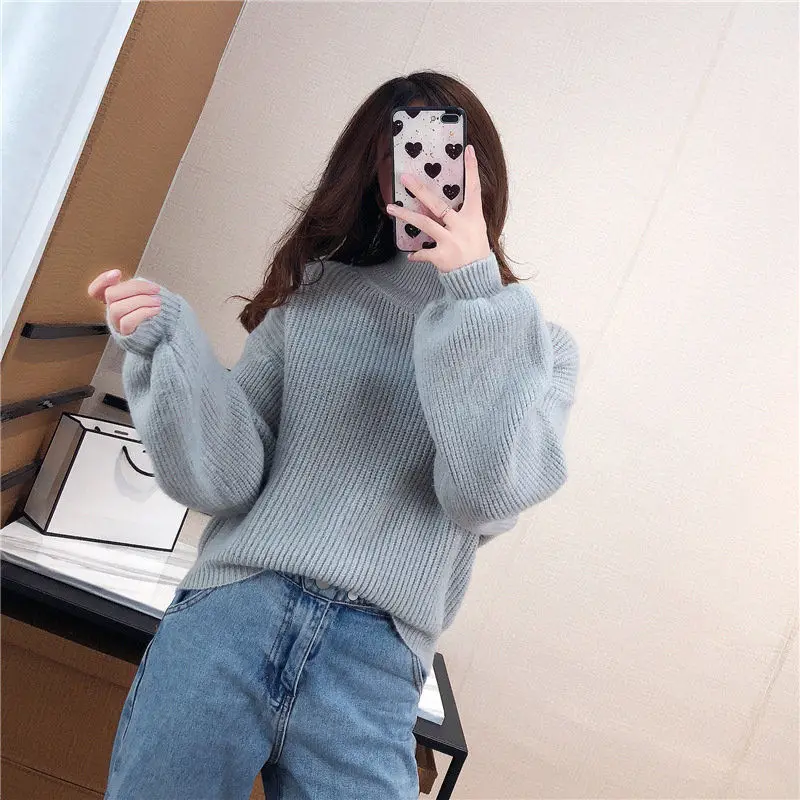 

Bubble sleeve sweater female loose and wild solid sloping high -necklads short high waist top net red women's sweater pullover