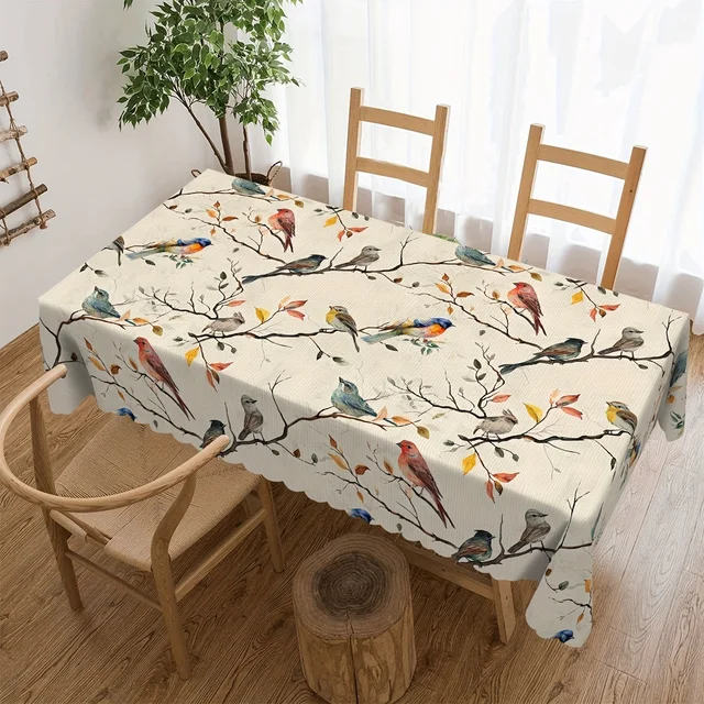 Tovaglia impermeabile rettangolare con uccelli floreali primaverili, decorazioni per feste, cucina in fattoria, tovaglia da pranzo, decorazioni per la tavola di casa 1