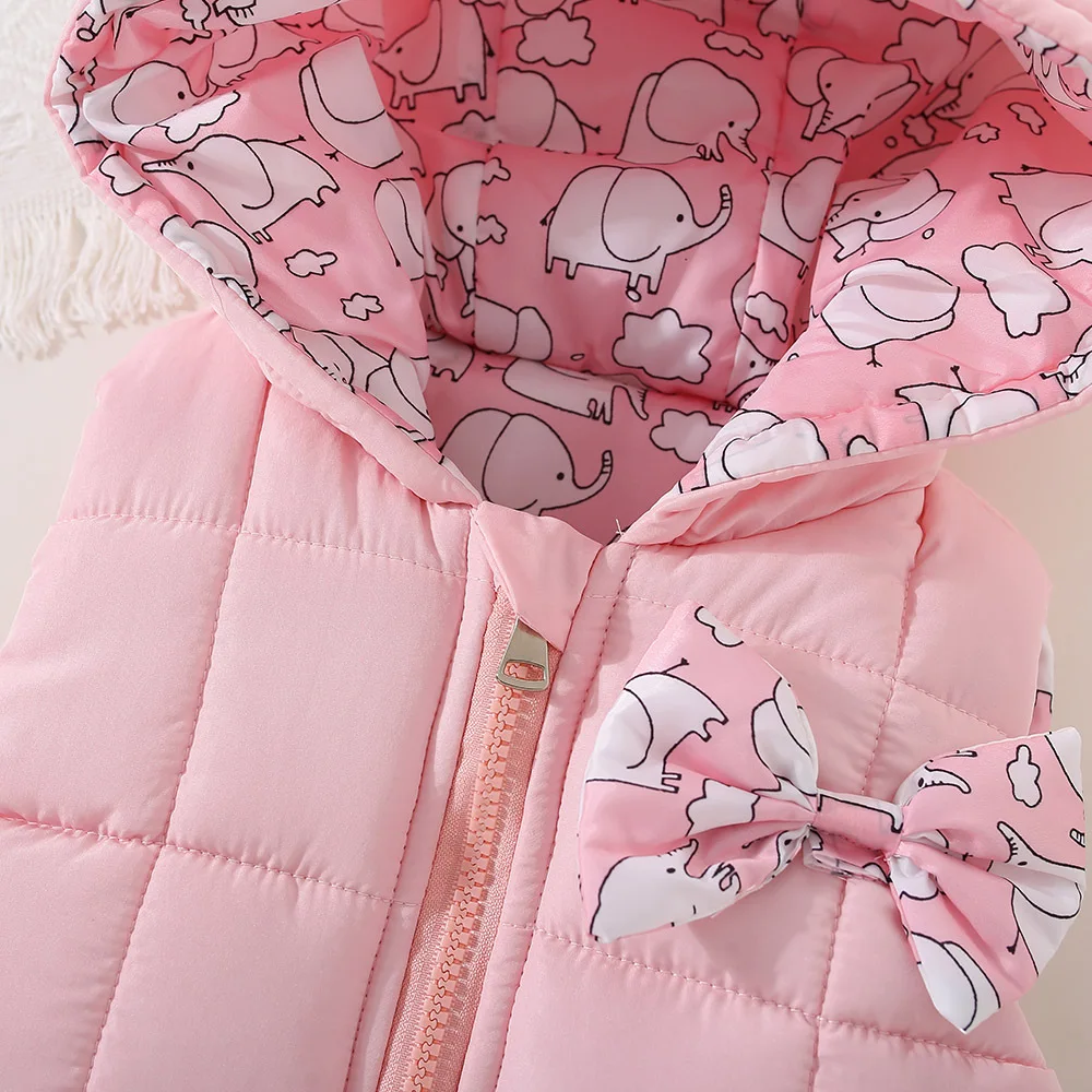 Autumn And Winter Girls' Cotton Hooded Vest Jacket Children's Cute Bow Solid Color Zipper Cotton Vest Top