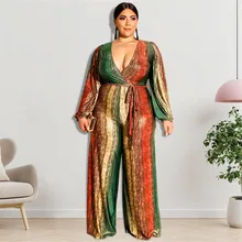 

Fashion Plus Size Women's Jumpsuit New Colorful Stripe Print Long-sleeved Straight Jumpsuit 2022 Spring Autumn
