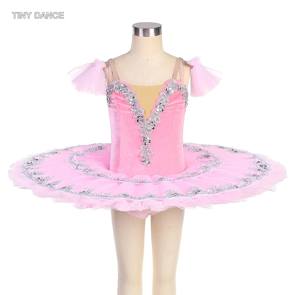 

Professional Ballet Dance Tutu Girls Ballerina Costume Pink Velvet Bodice with 5 to 7 Layers Stiff Tulle Pancake Tutu Skirt