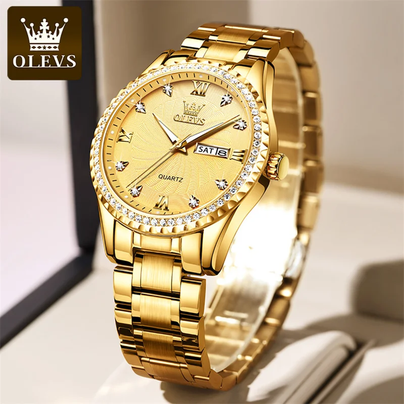 OLEVS Brand Luxury Gold Quartz Watch for Men Stainless Steel Waterproof Week Date Fashion Diamond Watches Mens Relogio Masculino