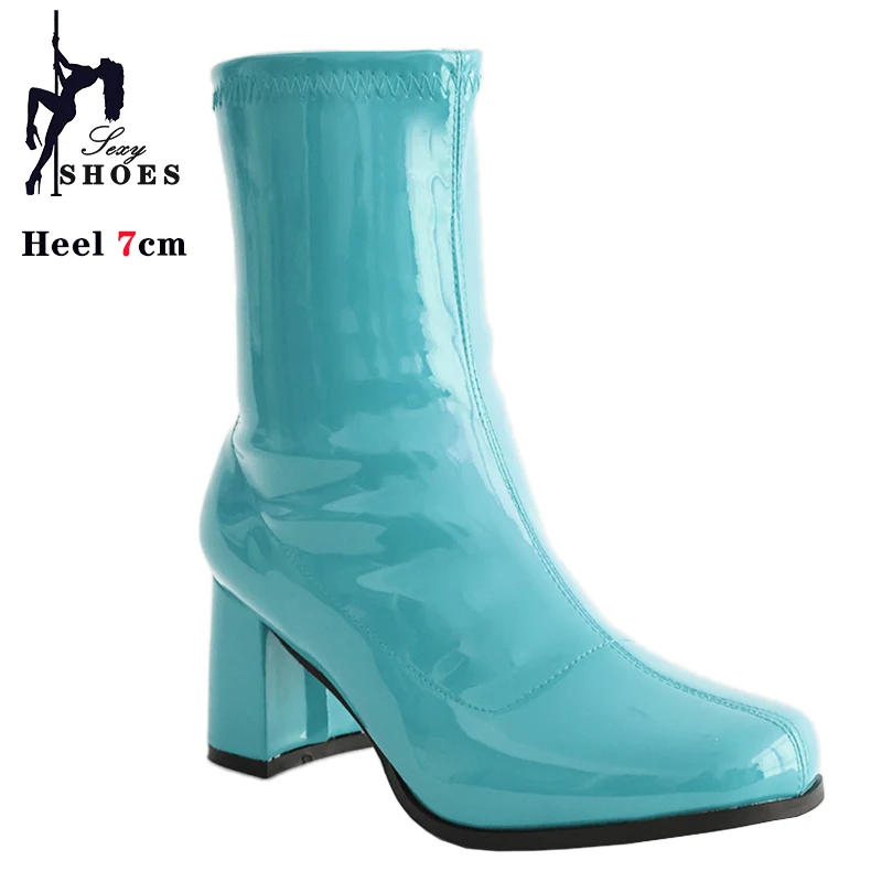 New 7cm High-heeled Cross Dressing Shoes Gogo Boots 60s 70s Square Heel Ankle Boots Sexy Round Toe Leather Zip Women Short Boots