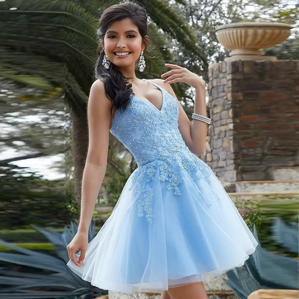 Sexy Bomaris Light Blue Homecoming Dresses Spaghetti Straps Lace Beading Girls Graduation Gowns Short Prom Party