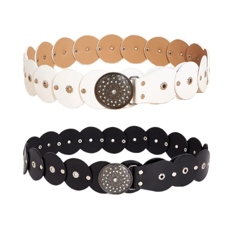

Female Wide Waist Belt Round Disc PU Leather Belt for Jeans Pants Waist Decors