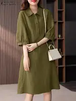 ZANZEA Women Cotton Shirt Dress 2024 Summer Lapel Neck Dresses Korean Office 3/4 Sleeve Midi Vestidos Elegant Solid Buttons Robe - Image 3