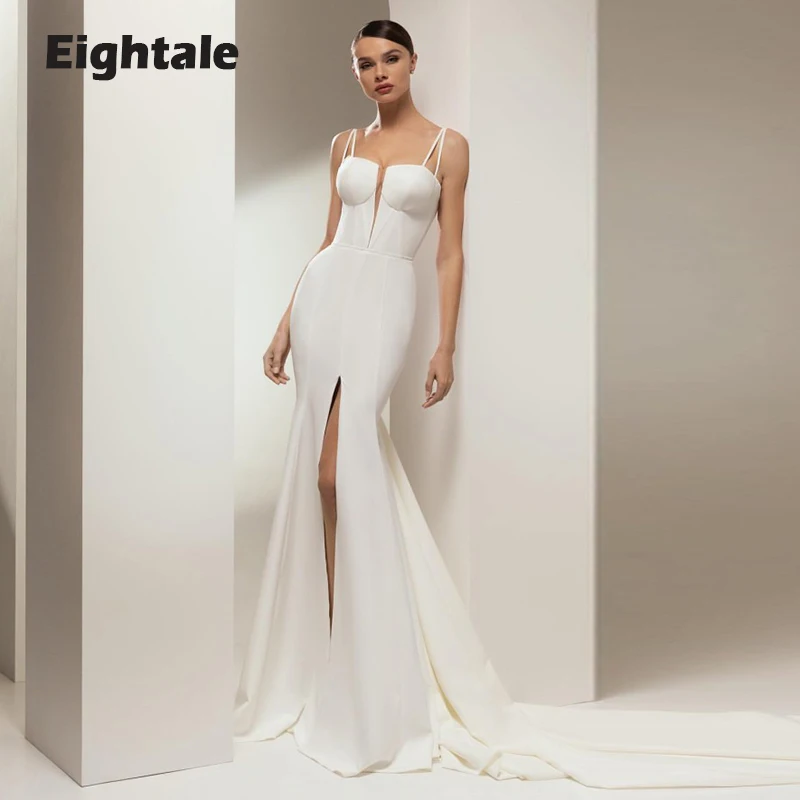 

Eightale Beach Wedding Dresses Boho Mermaid White Ivory Simple Spaghetti Strap Bridal Gowns Side Split vestidos de novia