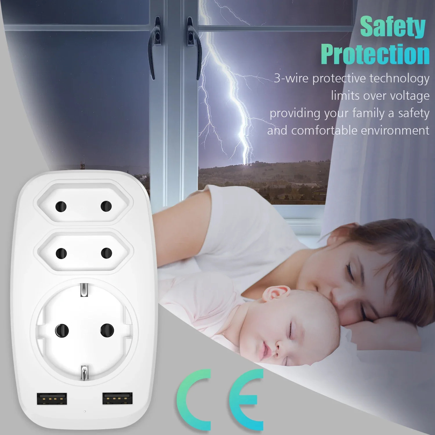 Wall Socket Extender USB Charger 3 AC Outlets 2 USB Ports 4000W Multi Outlet Adapter Home/Office Electrical Socket Power Strip Power Socket Plug Adapter Power Plug Adapter