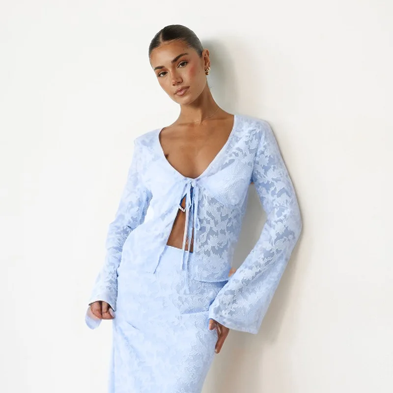 Lace Printed See-Through T-shirt Cardigan Top Female Lace-Up Patchwork Sexy Cropped Y2k Top Tee Women's Bandage Top