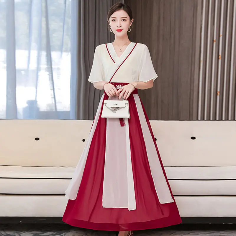 

2023 Summer Temperament Han Element Dress Spring Chinese Style Hanfu Modified Dress Retro Short Sleeve Hit Color Clothes T2056