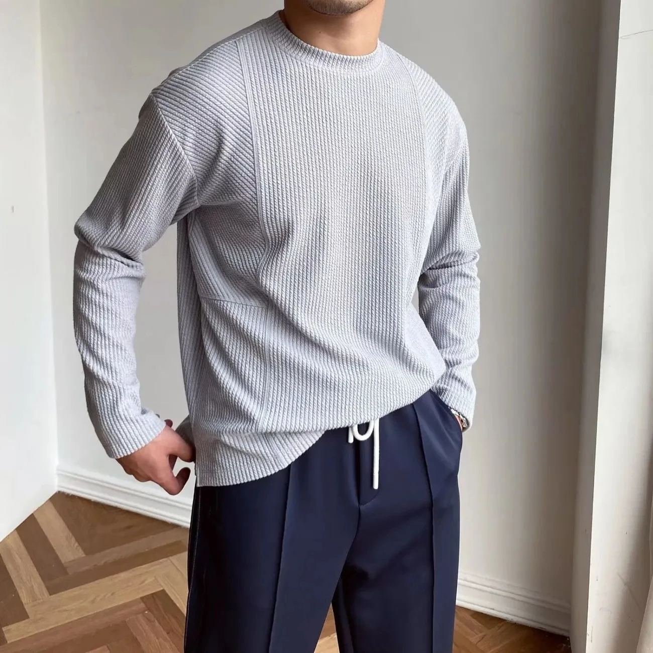 

Spring Autumn Fashion Casual Men's Loose Tess Knitted Pullover Sweater Soft Plaid Loose Solid Bottoms