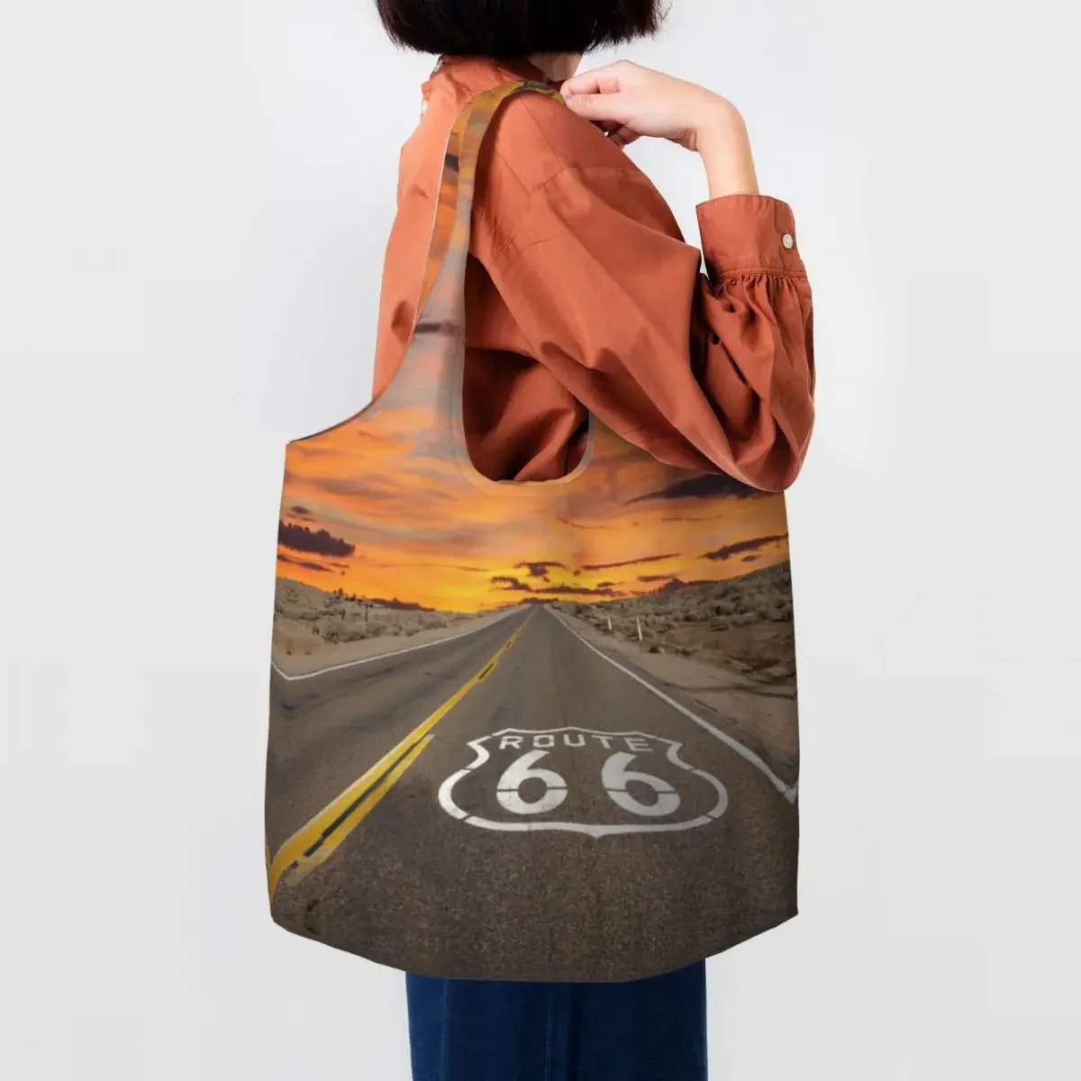 

Забавная Сумка-тоут для покупок Route 66, многоразовые сумки через плечо для американских магистралей для продуктов, холщовые сумки для покупок, сумка для фотографа