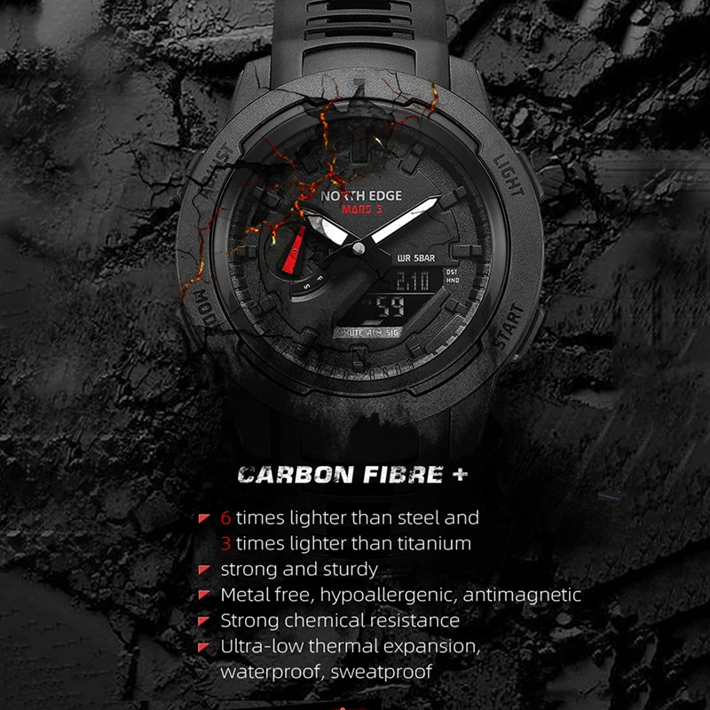 NORTH EDGE Mars3 Men's Military Digital Waterproof Sports Watch with Carbon Fiber Case