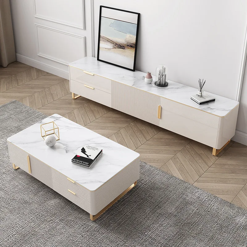 ATUNUS Living Room Furniture Elegant High End Gold White Stainless Steel Frame TV Stand And Coffee Table With Drawer For Home