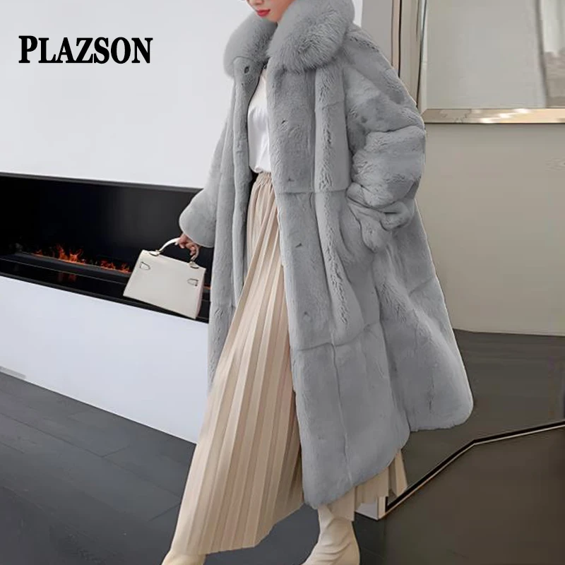 

PLAZSON Winter Loose Long Fur Coat Women Casual Soft Thick Warm Fluffy Gray Apricot Faux Fur Coat with Pocket Furry Overcoat