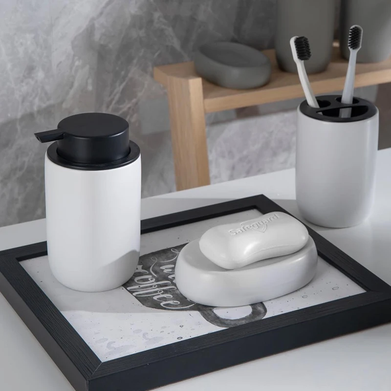 Bathroom Set Ceramic Mouthwash Cup Hand Sanitizer Bottle Toothbrush Rack Soap Dish Four-piece Bathroom Set Receive Bottle Home bathroom accessories set